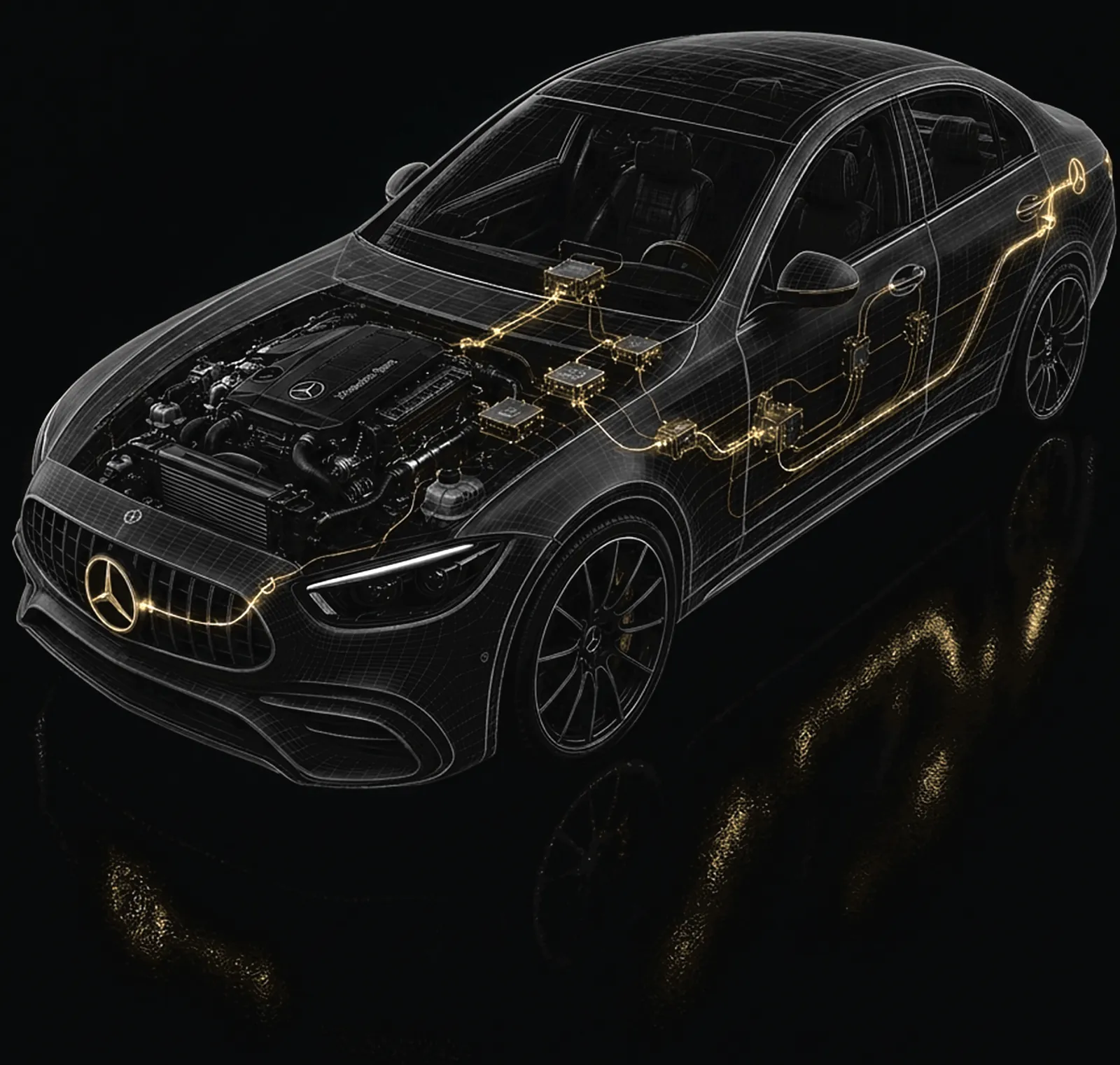 Mercedes-Benz en malla técnica con sus módulos electrónicos iluminados de estrella a estrella